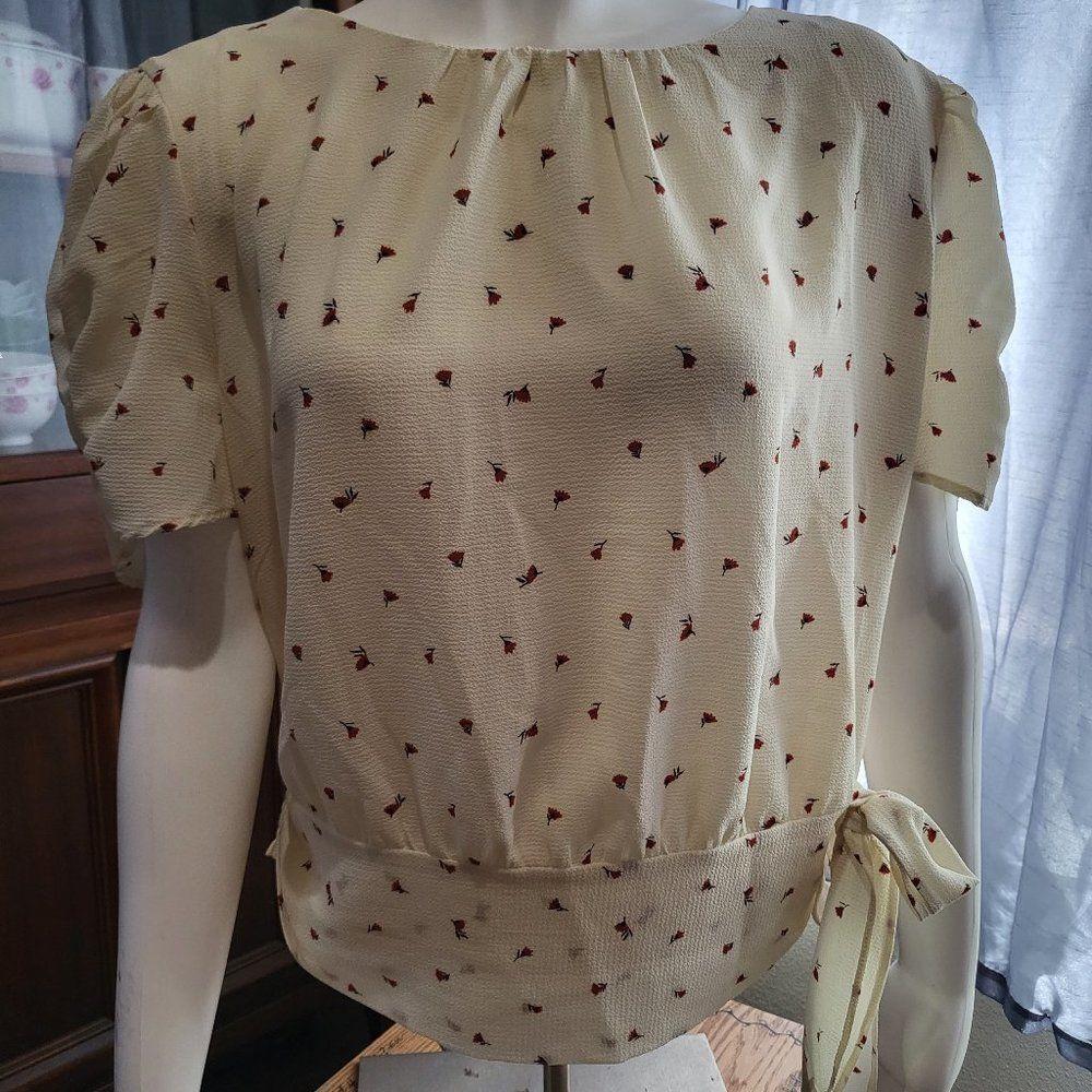 OLM Floral Puff Sleeve Tie Waist Blouse | Ivory Cream | XL